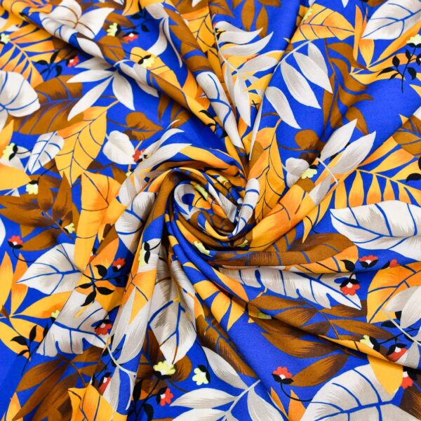 Tessuto Viscosa a fantasia motivo floreale blu elettrico - arancione - beige