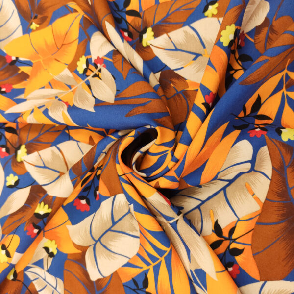 Tessuto Viscosa a fantasia motivo floreale blu elettrico - arancione - marrone