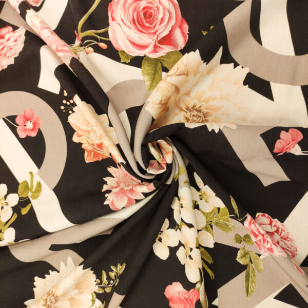 Tessuto Viscosa a fantasia motivo floreale nero - rosa - tortora