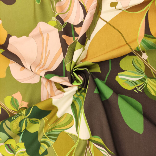 Tessuto Viscosa a fantasia motivo floreale verde acido - rosa - marrone