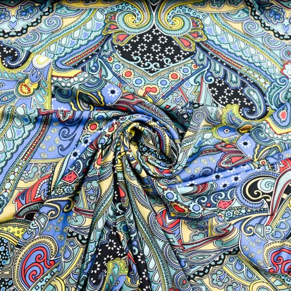 Tessuto Viscosa a fantasia motivo floreale cashmere indaco - giallo - blu