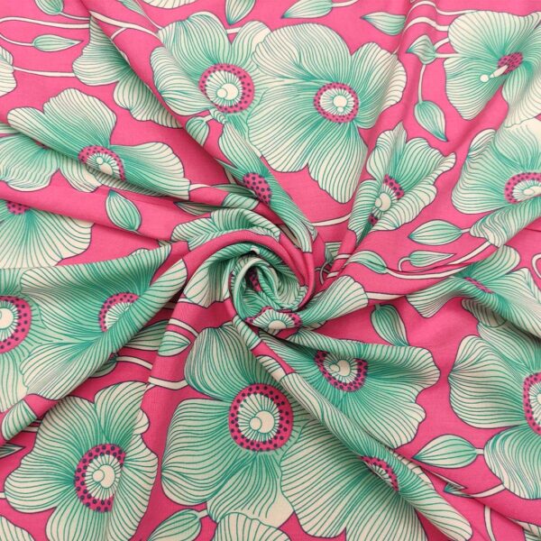 Tessuto Viscosa a fantasia motivo floreale fucsia - bianco - smeraldo