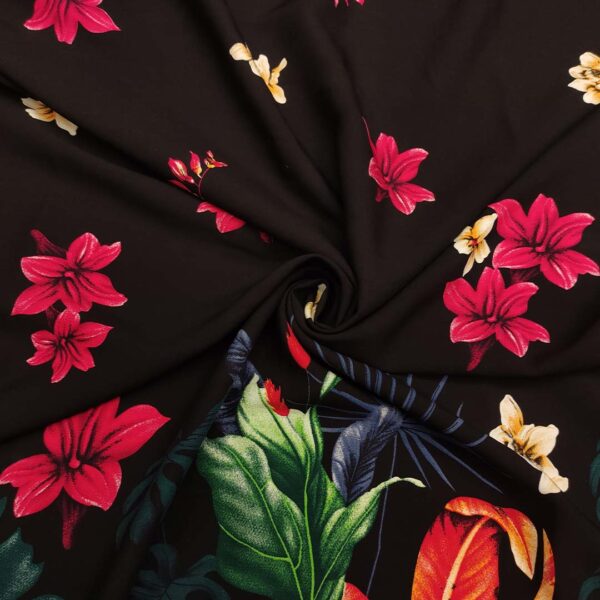 Tessuto Viscosa a fantasia motivo floreale ai bordi nero - petrolio - fucsia