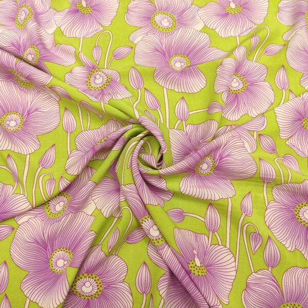 Tessuto Viscosa a fantasia motivo floreale verde acido - bianco - viola