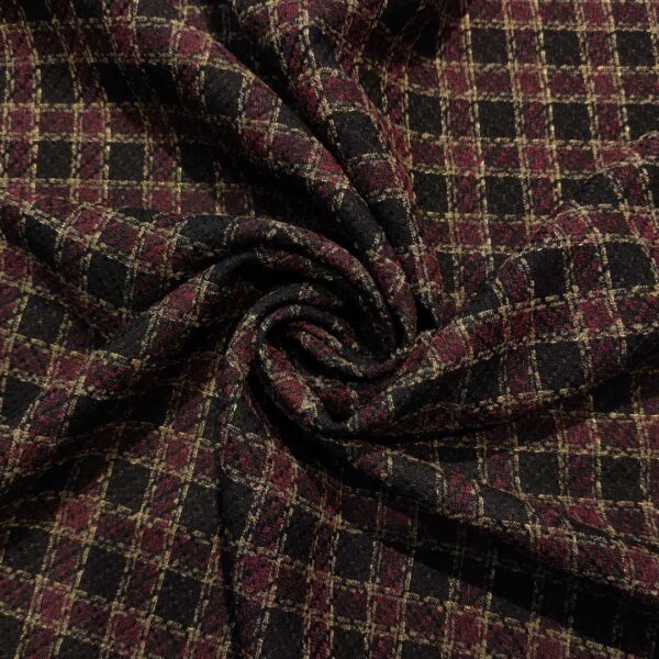 Tessuto Crepe morbido peso autunnale motivo tweed borgogna - oro - nero