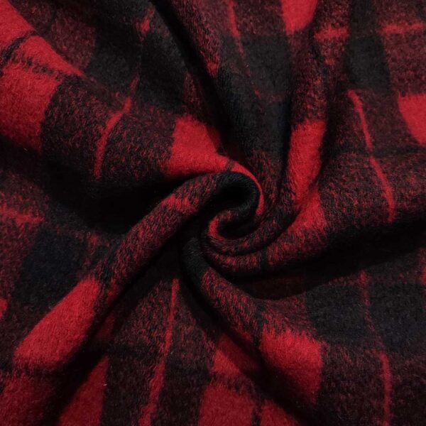 Tessuto Lana Cotta con frange al bordo motivo quadri rosso - nero