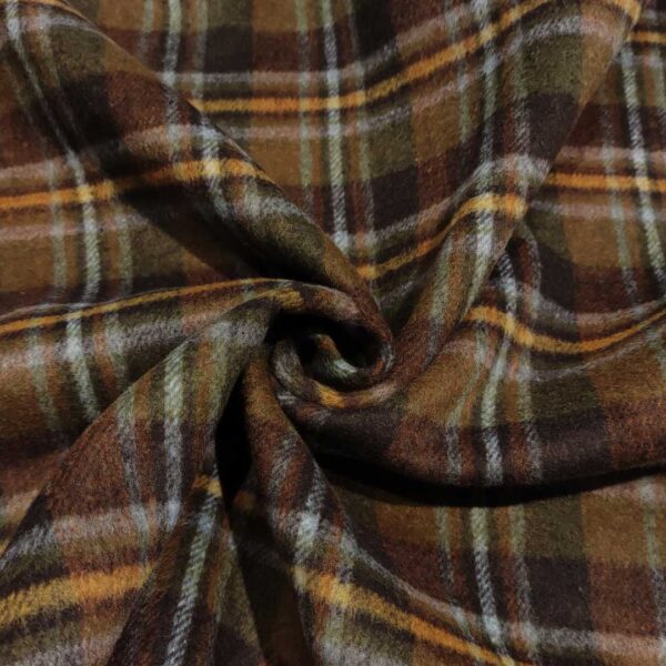 Tessuto per cappotto double face motivo quadri marrone - ocra - celeste