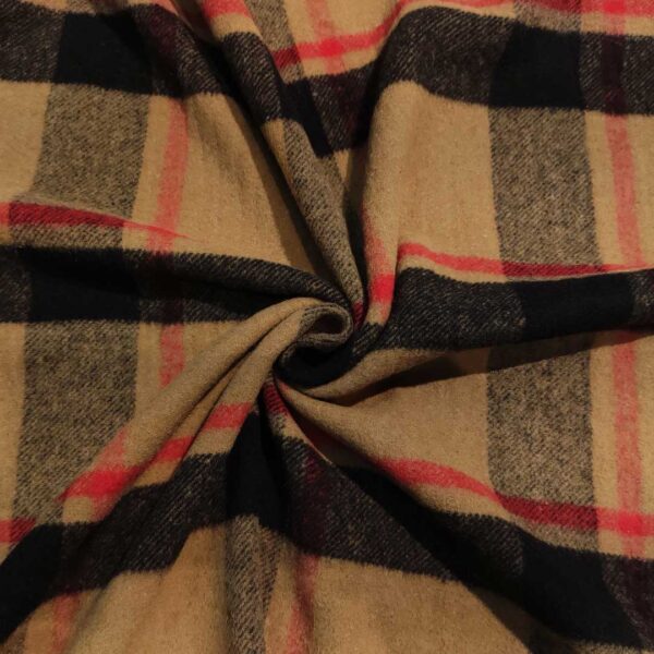 Tessuto per cappotto motivo quadri con frange ai lati cammello - nero - rosso