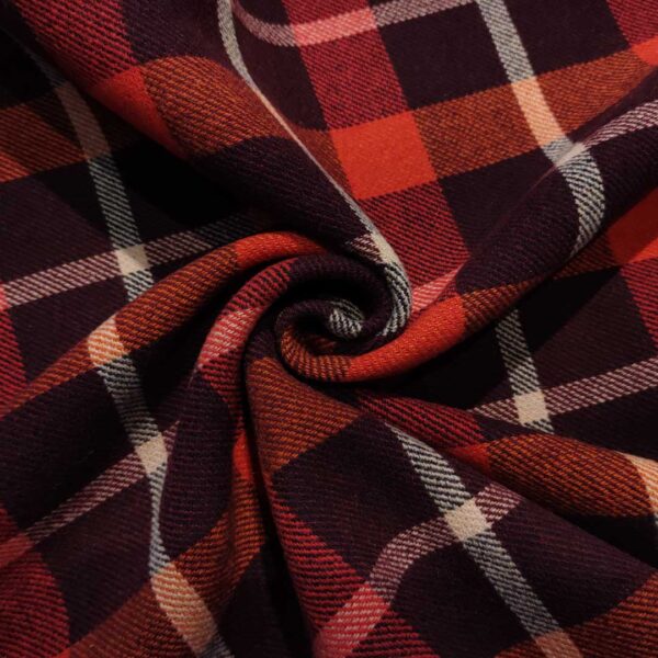 Tessuto per cappotto motivo quadri vinaccio - ruggine - panna