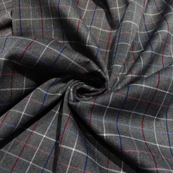 Tessuto pettinato elasticizzato motivo quadri grigio - bordeaux - blu elettrico