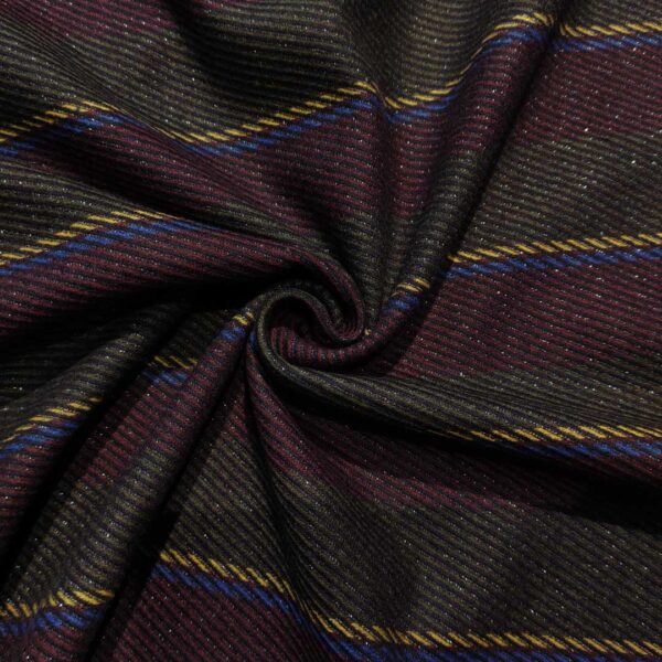Tessuto pettinato mano lana peso giacca motivo rigato lurex blu - bordeaux - giallo