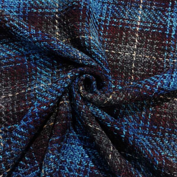 Tessuto Tweed Bouclé motivo quadri con frange ai lati grigio - blu - bordeaux