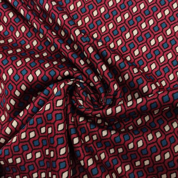 Tessuto Punto Milano a fantasia motivo geometrico bordeaux - verde ottanio - nero