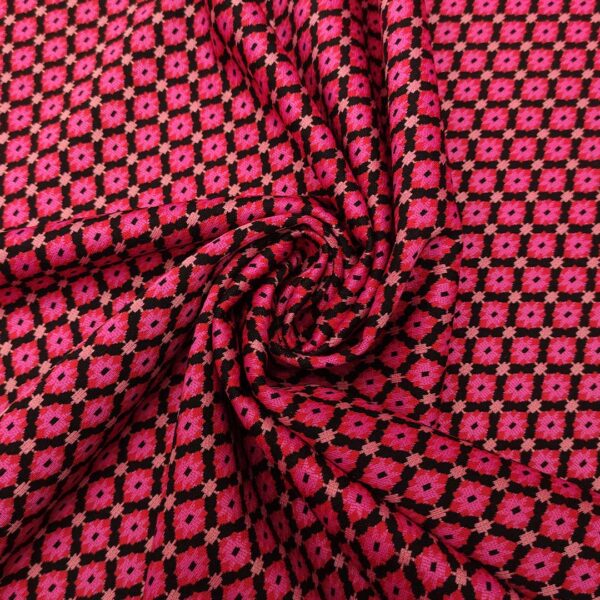 Tessuto Punto Milano a fantasia motivo geometrico rosso - fucsia - nero