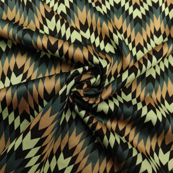Tessuto Punto Milano a fantasia motivo geometrico verde - cammello - nero