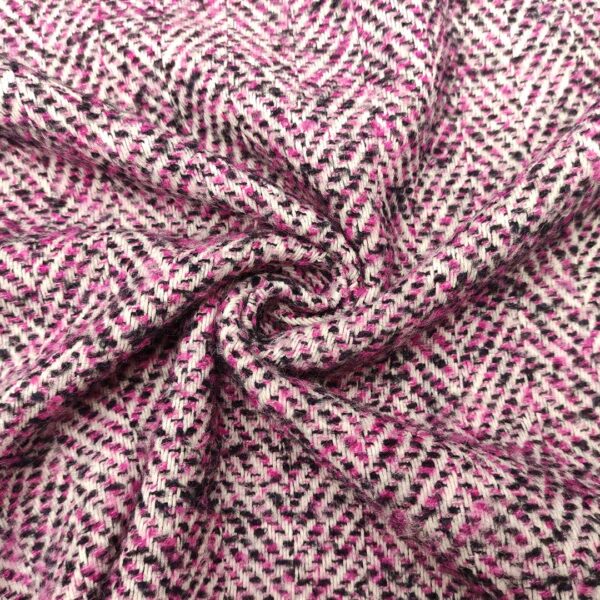 Tessuto per cappotto motivo spigato fucsia - bianco - nero