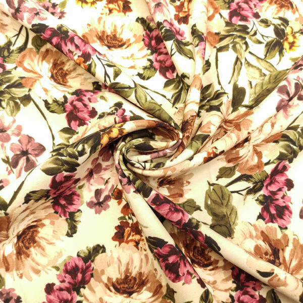 Tessuto Cady elasticizzato a fantasia motivo floreale beige - malva - verde militare
