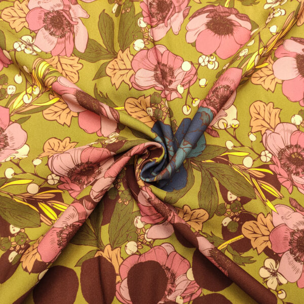 Tessuto Cady elasticizzato a fantasia motivo giallo - rosa antico - verde