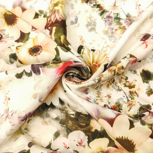 Tessuto Cady elasticizzato a fantasia motivo floreale panna - rosa - giallino