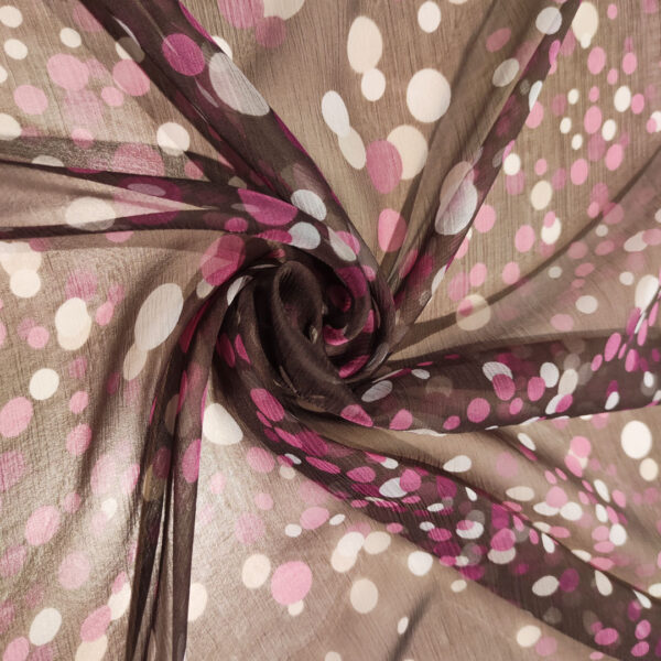 Tessuto Chiffon in seta a fantasia motivo pois marrone - orchidea - bianco