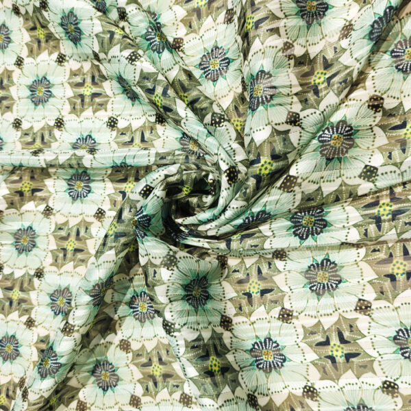 Tessuto Chiffon a fantasia con filo lurex motivo floreale verde salvia - verde militare - panna