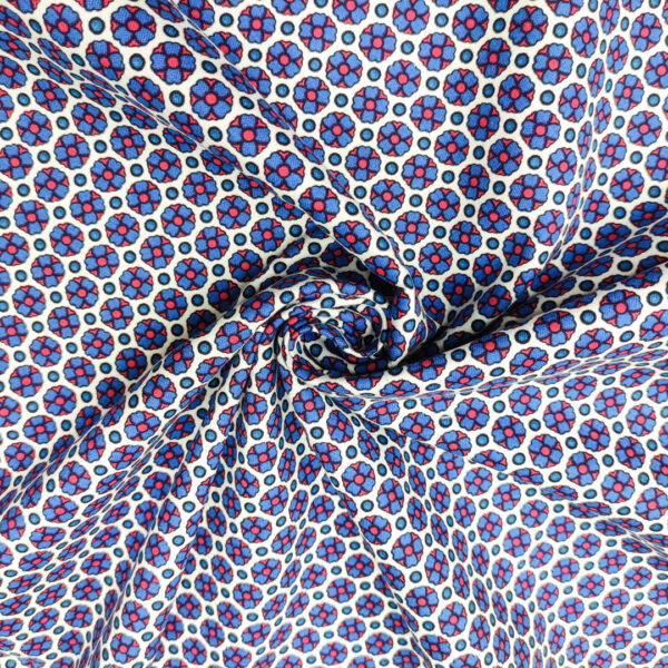 Tessuto Cotone a fantasia motivo floreale bianco - azzurro - rosso