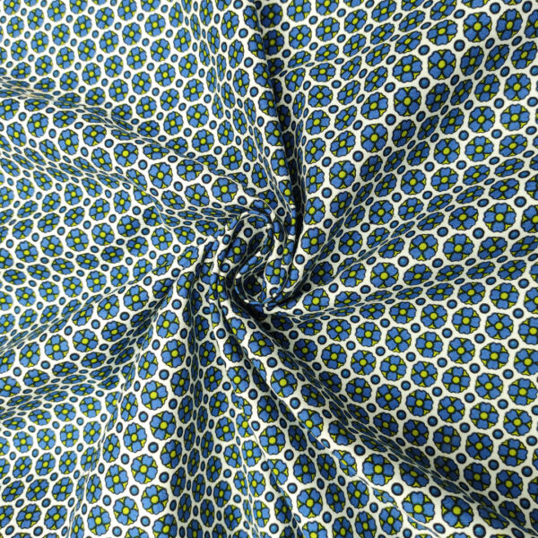 Tessuto Cotone a fantasia motivo geometrico bianco - blu elettrico - verde acido