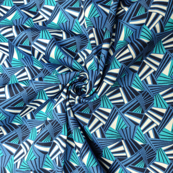 Tessuto Cotone a fantasia motivo geometrico blu elettrico - turchese - bianco