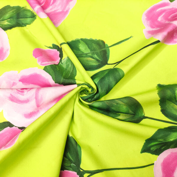 Tessuto Cotone leggero a fantasia motivo floreale verde fluo - fucsia - verde