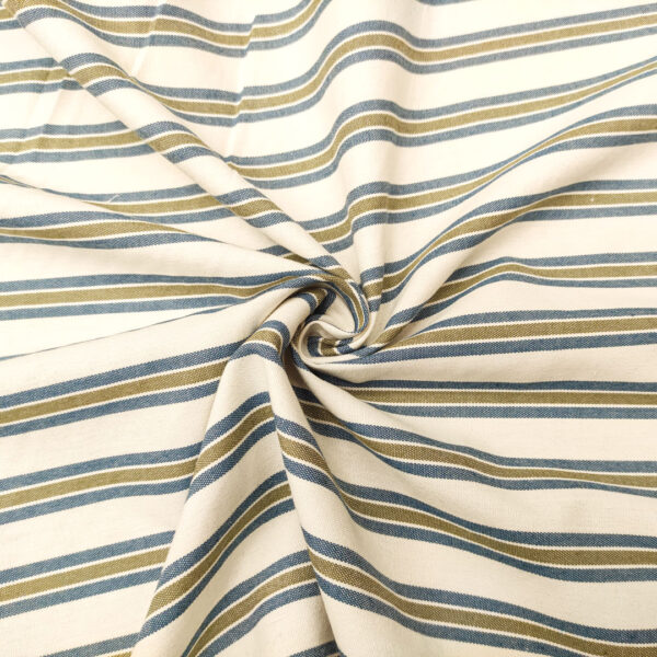 Tessuto Cotone leggero a fantasia motivo rigato blu - bianco - tortora