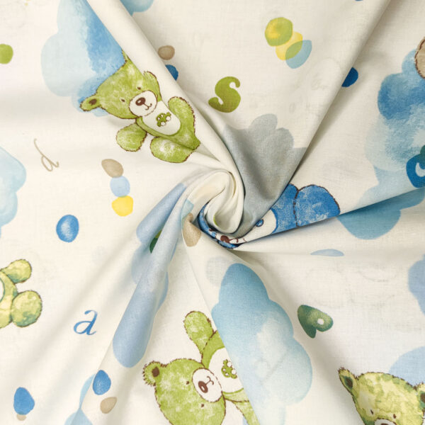 Tessuto Cotone percalle a fantasia motivo orsetto bianco - celeste - verde
