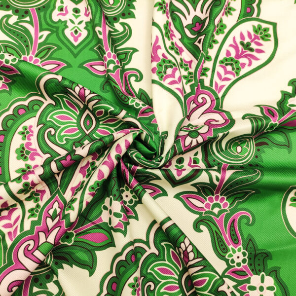 Tessuto Crepe elasticizzato a fantasia motivo floreale cashmere verde prato - ciclamino - panna