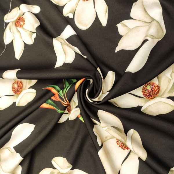 Tessuto Crepe elasticizzato a fantasia motivo floreale nero - beige - verde - senape