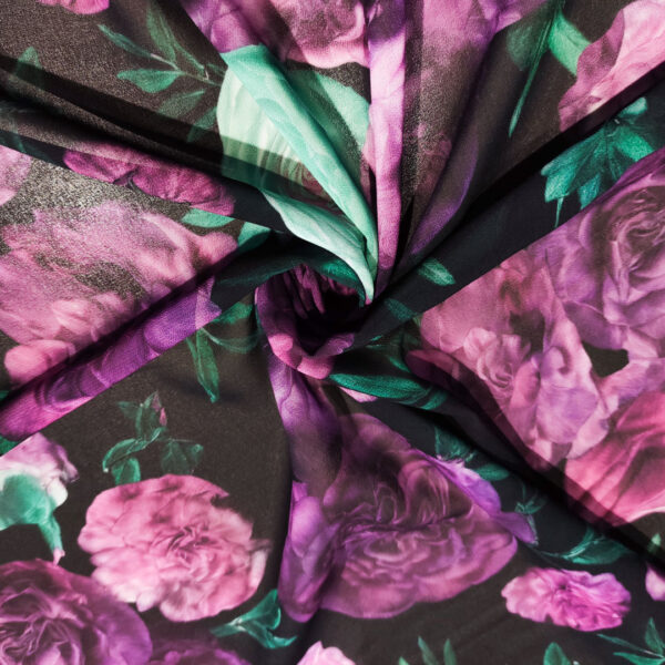 Tessuto Georgette a fantasia motivo floreale nero - orchidea - smeraldo