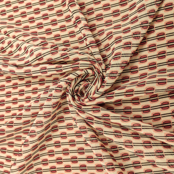 Tessuto Georgette a fantasia motivo geometrico beige - rosso - nero