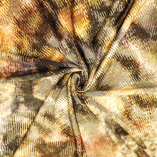 Tessuto Jersey di viscosa a fantasia motivo astratto arancione - ocra - nero