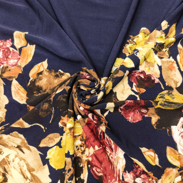 Tessuto Jersey a fantasia motivo floreale blu - bordeaux - senape