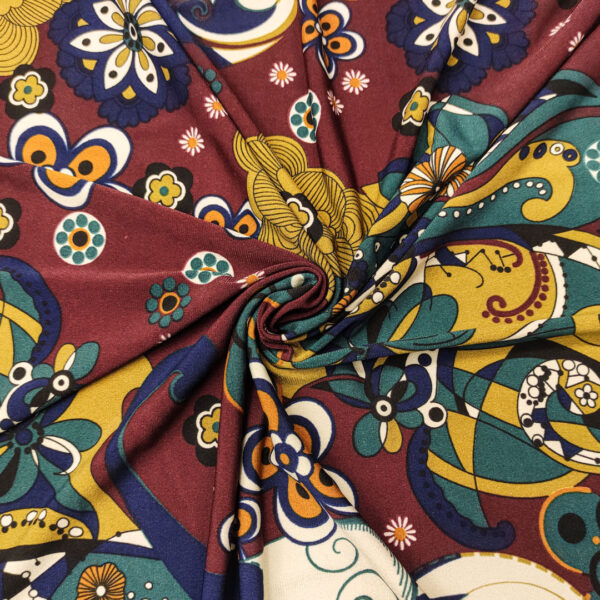 Tessuto Jersey di cotone a fantasia motivo floreale bordeaux - verde ottanio - blu