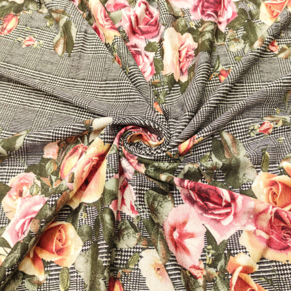 Tessuto Jersey di cotone a fantasia motivo floreale nero - bianco - rosa