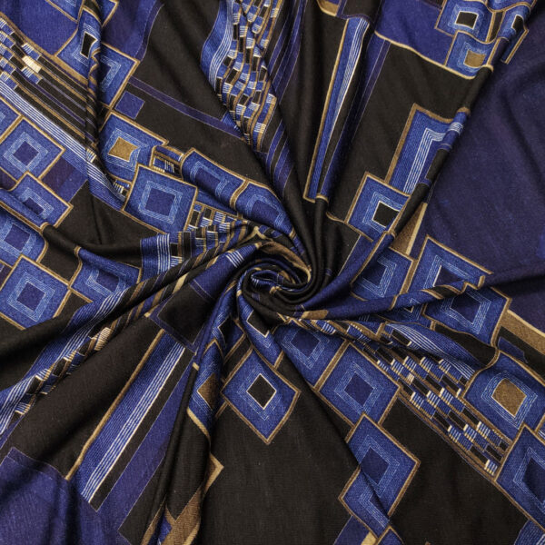 Tessuto Jersey di cotone a fantasia motivo geometrico blu - nero - tortora