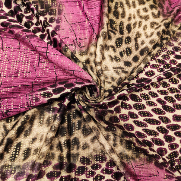 Tessuto Jersey a fantasia spalmato oro motivo animalier azalea - viola - tortora