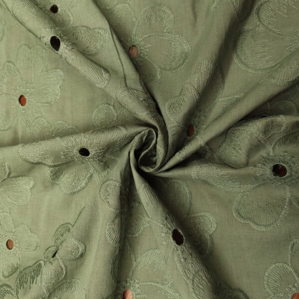 Tessuto Mussola di Cotone ricamato motivo floreale tinta unita verde militare