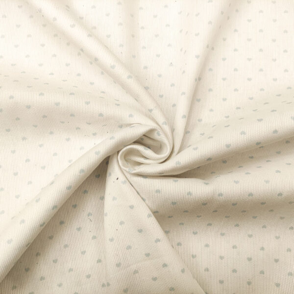 Tessuto Millerighe di Cotone a fantasia motivo cuori bianco - celeste