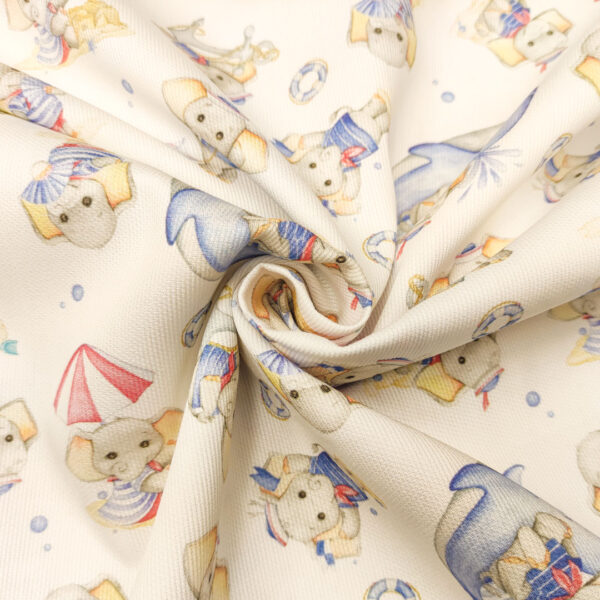 Tessuto Millerighe di Cotone a fantasia motivo elefantino celeste - grigio - bianco