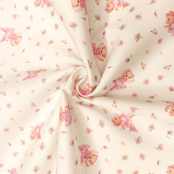 Tessuto Millerighe di Cotone a fantasia motivo orsetto e fiori bianco - rosa