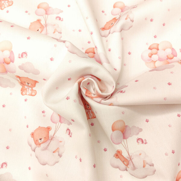 Tessuto Millerighe di Cotone a fantasia motivo orsetto e palloncino bianco - rosa - pesco