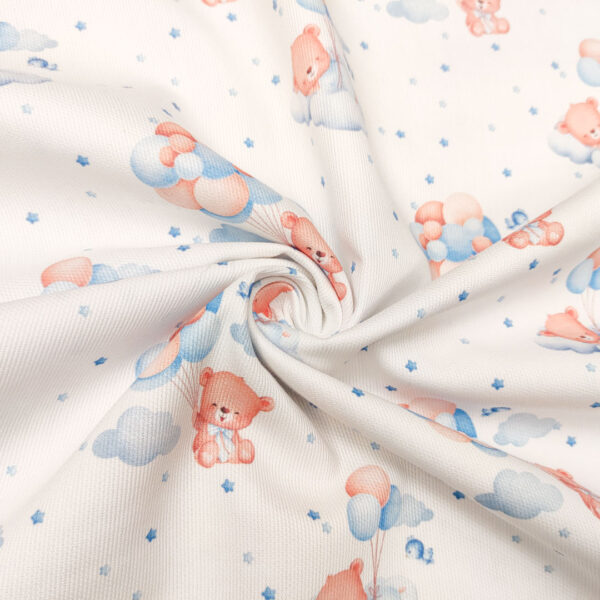 Tessuto Millerighe di Cotone a fantasia motivo orsetto e palloncino bianco - rosa - celeste
