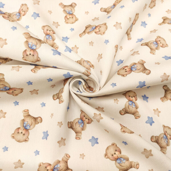 Tessuto Millerighe di Cotone a fantasia motivo orsetto e stelle bianco - celeste - beige