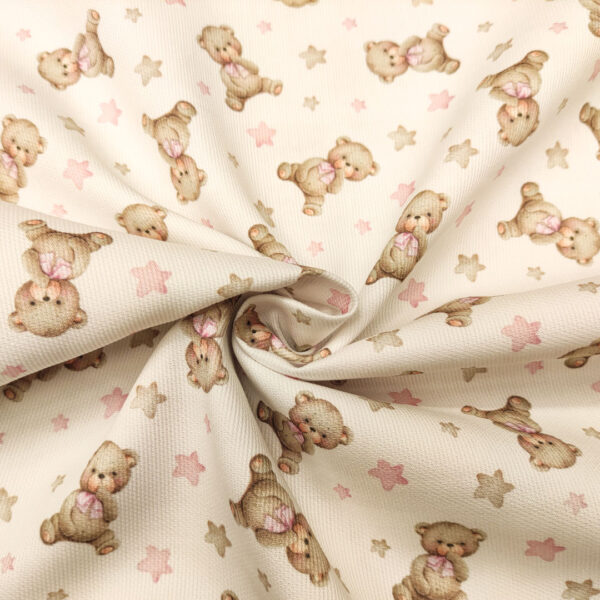 Tessuto Millerighe di Cotone a fantasia motivo orsetto e stelle bianco - rosa - beige