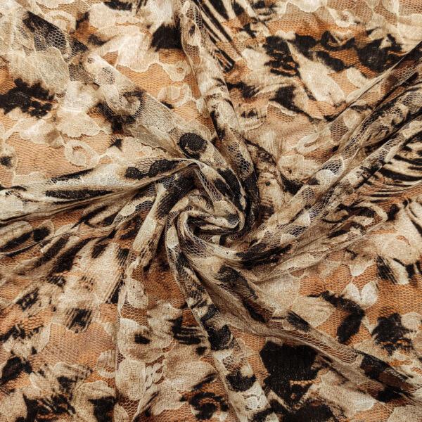 Tessuto pizzo elasticizzato motivo animalier beige - nero